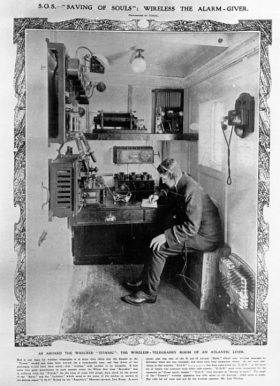 As Aboard the Wrecked \\Titanic\\\: The Wireless-Telegraphy Room of an Atlantic Liner, illustration  von English Photographer