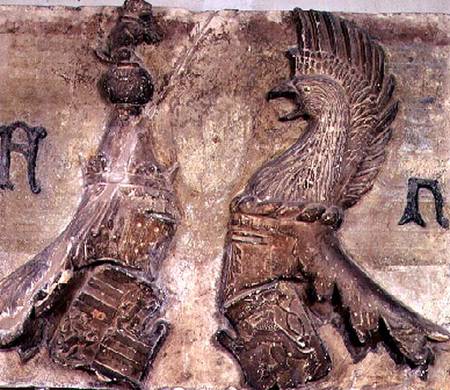 Memorial plaque carved with two tournament jousting helmets bearing the coat of arms of the Gonzaga von a sculptor from the School of Mantua