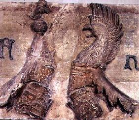 Memorial plaque carved with two tournament jousting helmets bearing the coat of arms of the Gonzaga