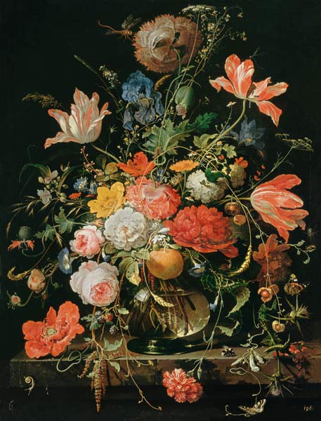 Ein Glas mit Blumen und Orangenzweig - Abraham Mignon als Kunstdruck oder