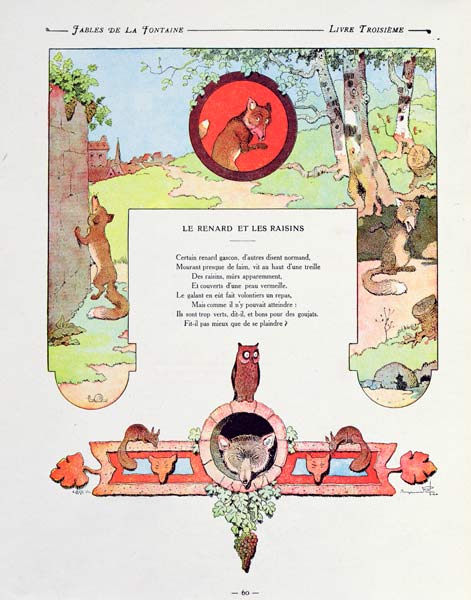 The fox and the grapes, illustration from ''Fables'' Jean de la Fontaine, 1906 edition von (after) Benjamin Rabier