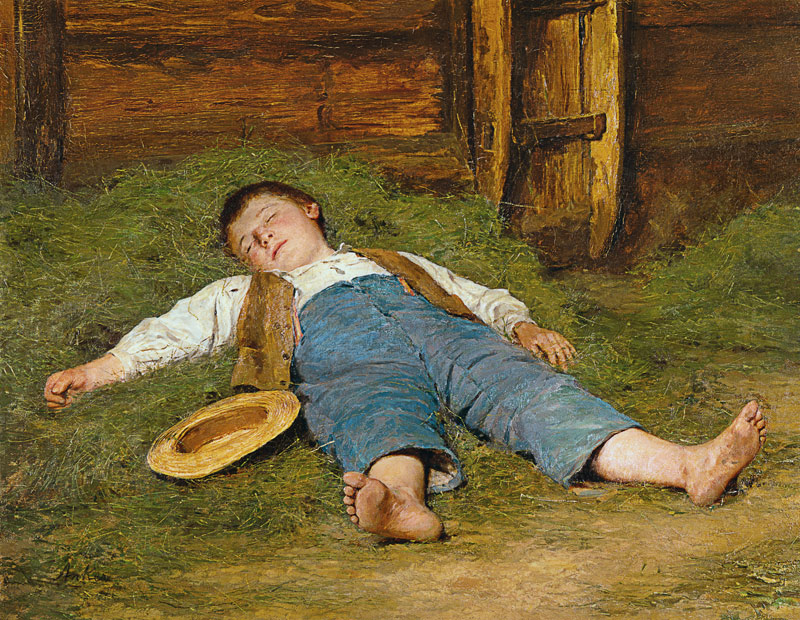 Schlafender Knabe im Heu. von Albert Anker