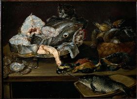 Stilleben mit Fischen, Meerestfrüchten, Geflügel und Katze