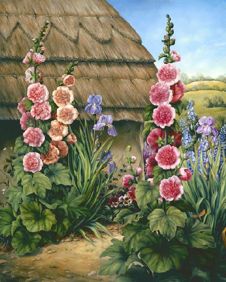 Cottage Garden with Hollyhocks 1995