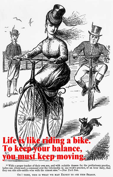 Cartoon of a Lady on a Velocipede mit Worten von American School