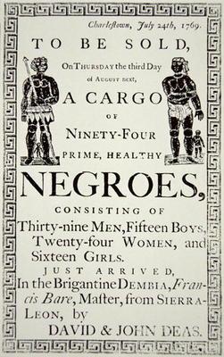 Slave Sale notice, published in Charleston, California, 24th July 1769 (print) 1853