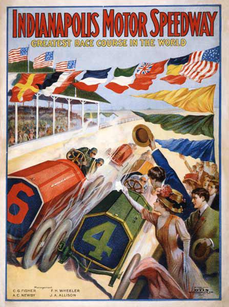 Poster advertising The Indianapolis Motor Speedway c.1909