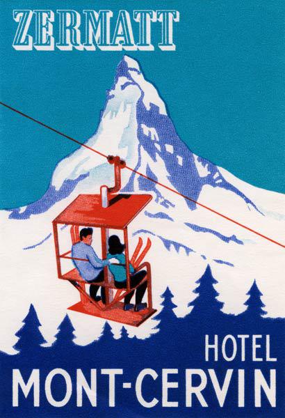 The Zermatt Peak with Skiers on Ski Lift 1935