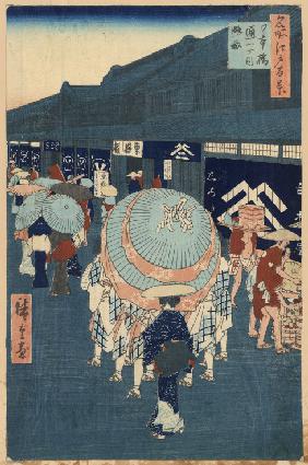 Blick auf die Strasse im Nihonbashi-Distrikt (Nihonbashidori) (Einhundert Ansichten von Edo)