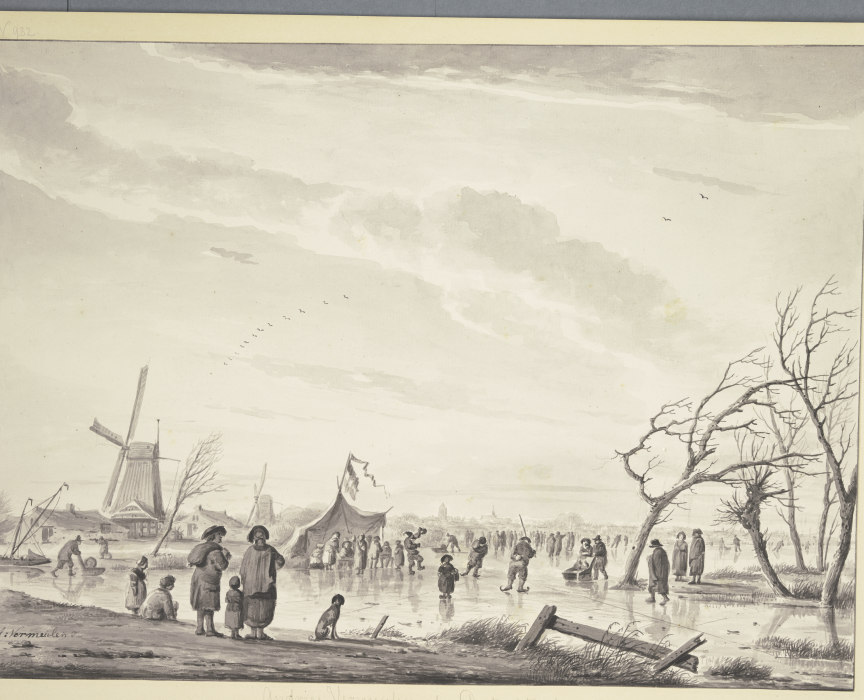 Winterlandschaft mit vielen Schlittschuhläufern und Zelten auf dem Eis, bei einer Windmühle von Andries Vermeulen