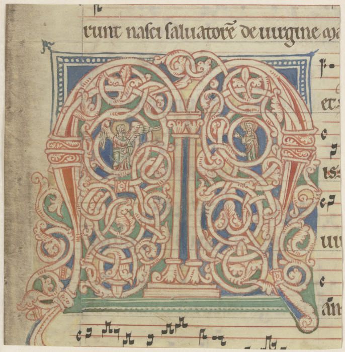 Initial M, Ornament mit Verkündigung an Maria (verso Textfragment) von Anonym