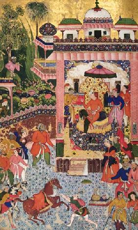 L.53.2/7 folio 28 A Durbar Scene, from the 'Khizr Khani Duval Rani',Mughal 1568