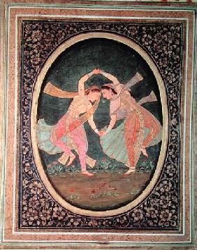 Pair of dancing girls performing a Kathak danceMughal 17th centu