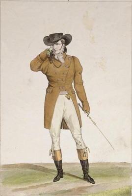 A Dandy dressed in a boat-shaped hat, a dun-coloured jacket and buckskin breeches, plate 1 from the 17th