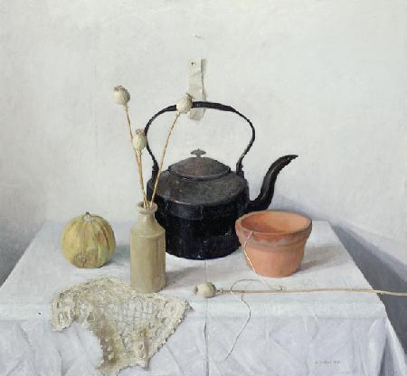 Kettle, Poppyheads and Gourd, Still Life 1990