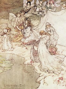 Illustration for a Fairy Tale, Fairy Queen Covering a Child with Blossom