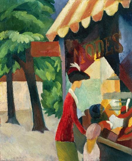 Vor dem Hutladen (Frau mit roter Jacke und Kind) 1913