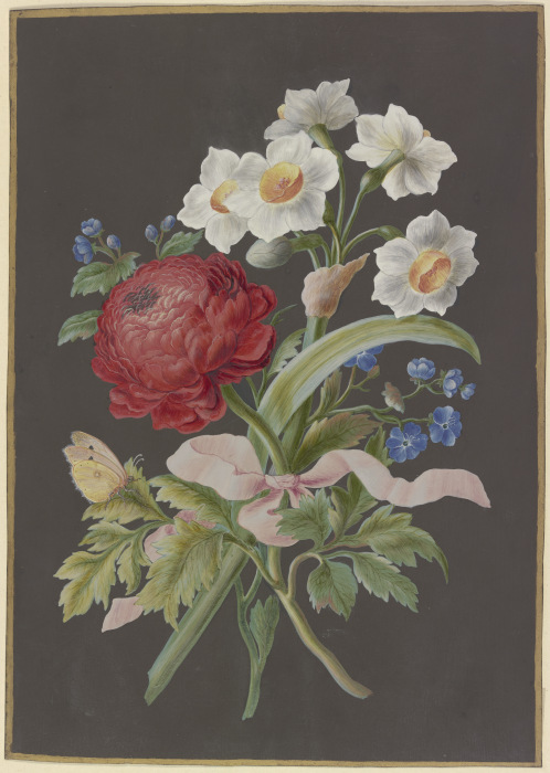 Blumengebinde mit roter Ranunkel (Ranunculus), weißer Tazette (Narcissus tazetta) und blauer Blume ( von Barbara Regina Dietzsch