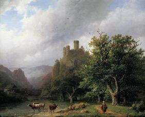 Flußlandschaft mit Schloßruinen 1855