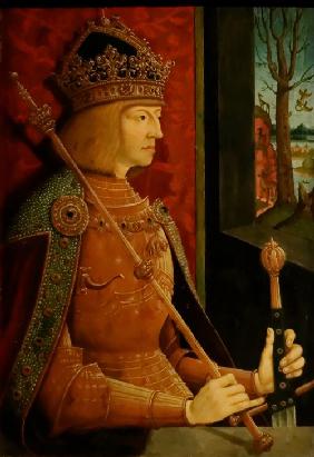 Maximilian I. (1459-1519), Bildnis in halber Figur im goldenen Harnisch