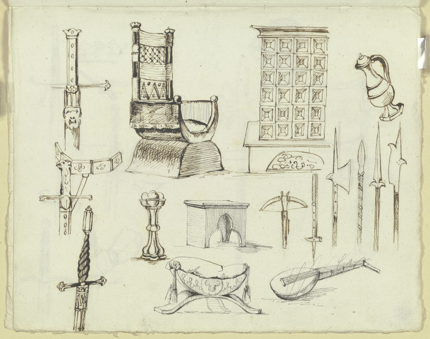 Mittelalterliche Möbelstücke, ein Kachelofen, Waffen und Gerätschaften von Carl Philipp Fohr
