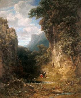 Bergschlucht mit badenden Frauen