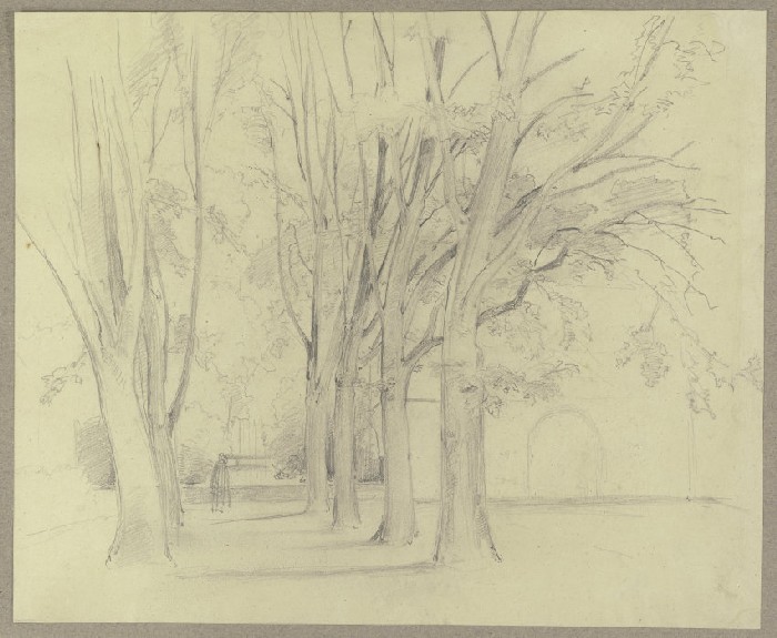 Von Bäumen gesäumter Weg in einem Park (?), rechts ein Torborgen von Carl Theodor Reiffenstein