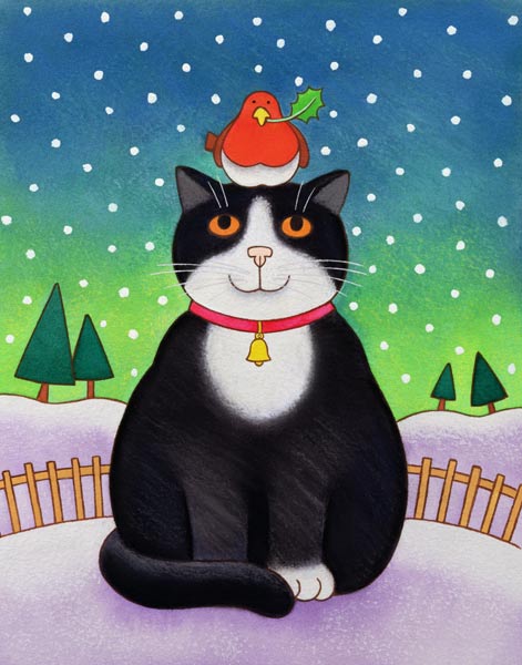 Cat with Robin (w/c on paper)  von Cathy  Baxter