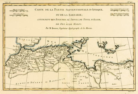 North Africa, including the Kingdoms of Tripoli, Tunis, Alger; Fez and Morocco, from 'Atlas de Toute von Charles Marie Rigobert Bonne