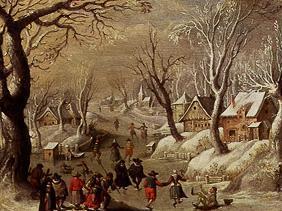 Schlittschuhläufer in holländischer Winterlandschaft. um 1617-42