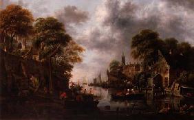 River Scene with Boats and Figures