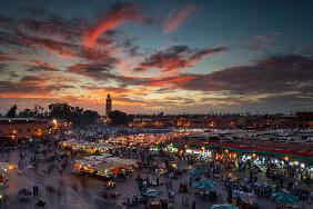 Sunset over Jemaa Le Fnaa Square in Marrakech, Morocco