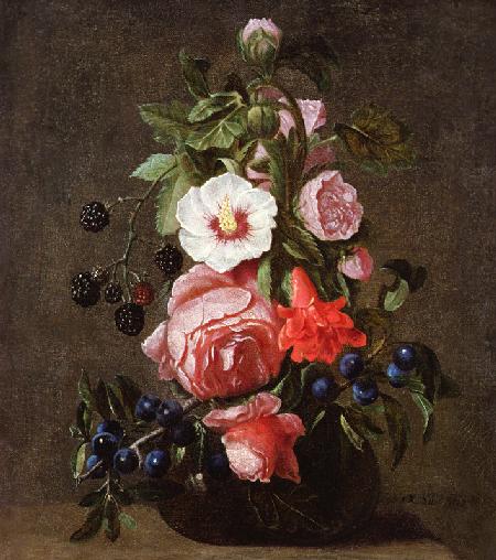 Stillleben mit Blumen in einer Glasvase als Kunstdruck oder