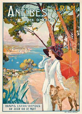 Poster advertising travel to the Antibes, Cote d'Azur, with the French railway company P.L.M c.1910