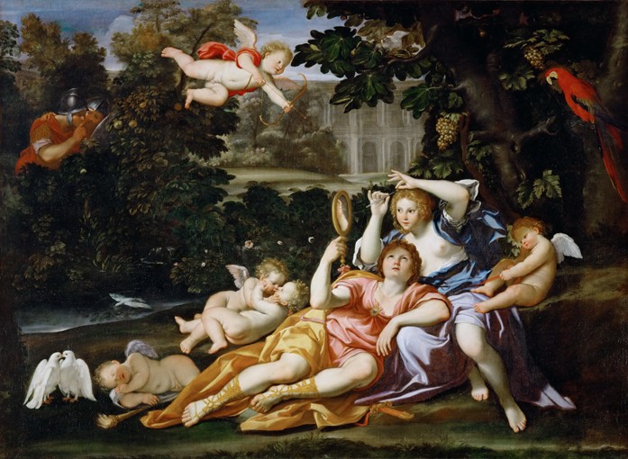 Armida betrachtet sich in dem Spiegel, den ihr Rinaldo hinhält von Domenichino (eigentl. Domenico Zampieri)