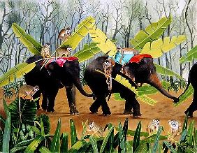 Elephant and Monkeys with Banana Leaves