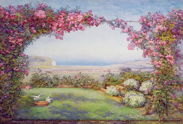 Ein Garten mit einem Rosenbogen - Edith Helena Adie als Kunstdruck oder  Gemälde.