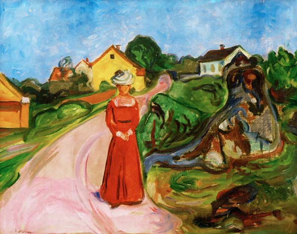 Frau in rotem Kleid (Straße in Åsgårdstr - Edvard Munch als Kunstdruck oder  handgemaltes Gemälde.