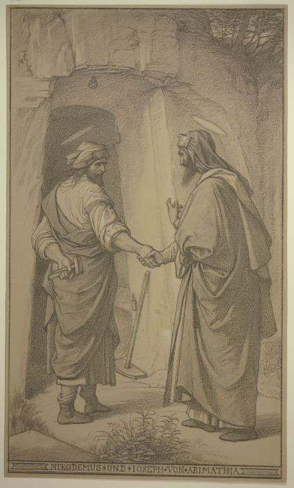 Nikodemus und Joseph von Arimathia vor dem Grab des Herrn, sich die Hand reichend von Edward von Steinle