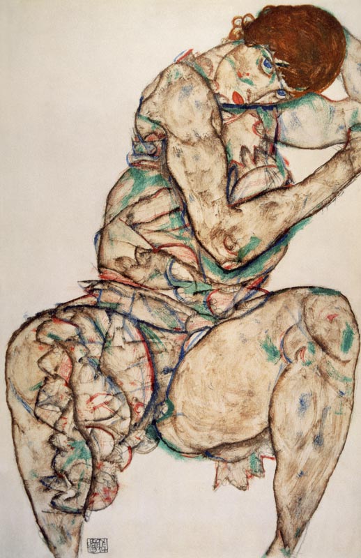 Sitzende Frau mit linker Hand im Haar von Egon Schiele