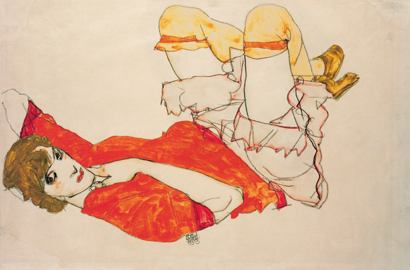Wally in roter Bluse mit erhobenen Knien - Egon Schiele als Kunstdruck oder  Gemälde.