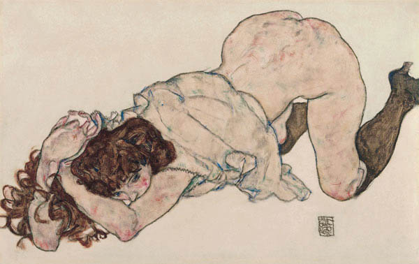 Kniendes Mädchen, auf beide Ellenbogen gestützt von Egon Schiele