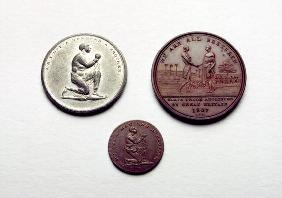 Clockwise from top left: Anti-slavery medal, 1787 (white metal); Abolition of the slave trade, made 1830