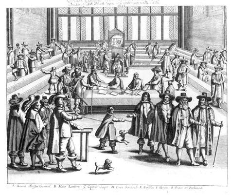 Oliver Cromwell (1599-1658) Dissolving The Parliament (engraving) (b/w photo) von English School, (17th century)