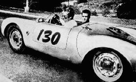The American Actor James Dean driving his Porsche Spider 550A with Rolf Wutherlich in 1955