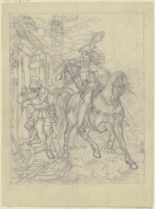 Ungedeutete Szene: Ein Ritter mit Armbrust an einer Hütte haltend, ein Knappe betritt diese von Ferdinand Fellner