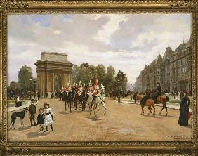 Die Life Guards passieren Hyde Park Corner, London Um 1886