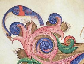 Missal 515 f.169r Fantastical bird peering around foliage, detail of decoration surrounding an histo