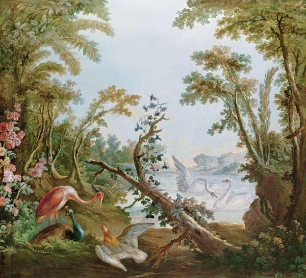 Lake with swans, a flamingo and various birds, from the salon of Gilles Demarteau c.1750-65