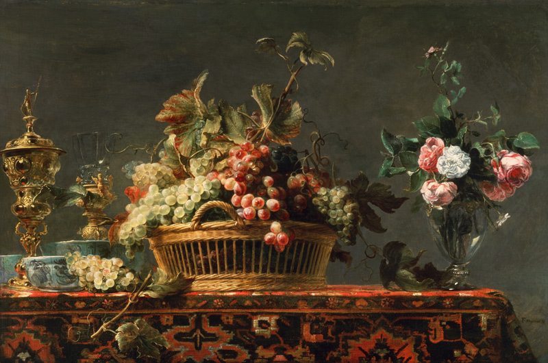 Stillleben mit Korb mit Weintrauben und einer Rosenvase von Frans Snyders